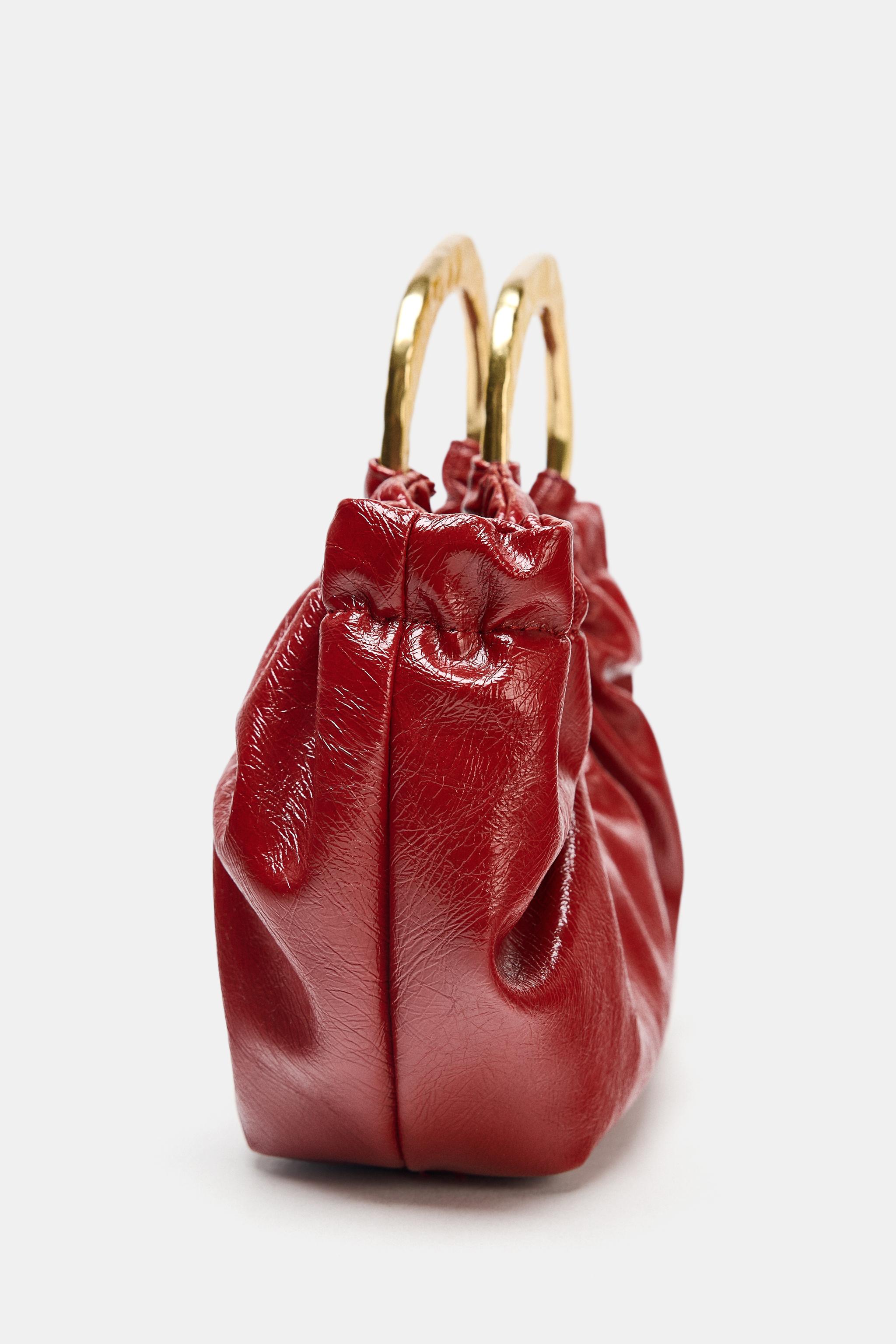 Sac Seau Zara En Cuir Gaufré Rouge Cerise - 27x29x11 Cm, Rare, Neuf Avec étiquettes