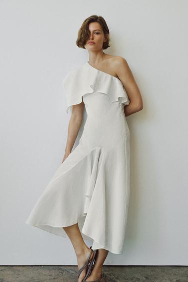 Zara ASYMMETRIC RUFFLED LINEN BLEND DRESS ZW COLLECTION - Oyster-white