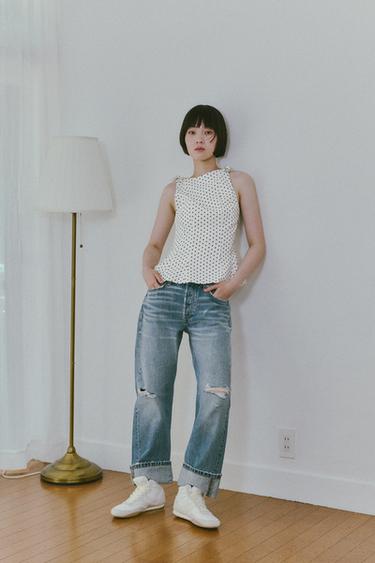 TRF ストレートFOLD UP ミッドライズデニムパンツブルーZaraのTRF ストレートFOLD UP ミッドライズデニムパンツ - ブルー 