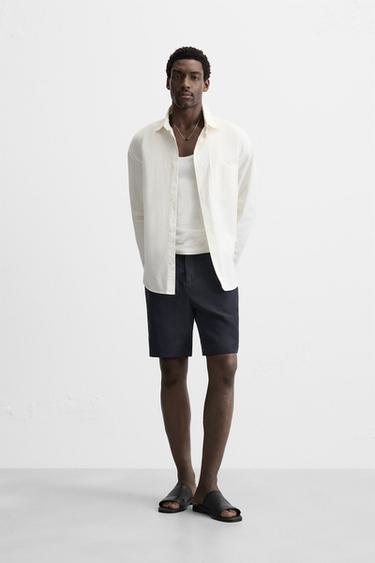 100% LINEN BERMUDA SHORTS - Navy blue by Zara - Image 0
