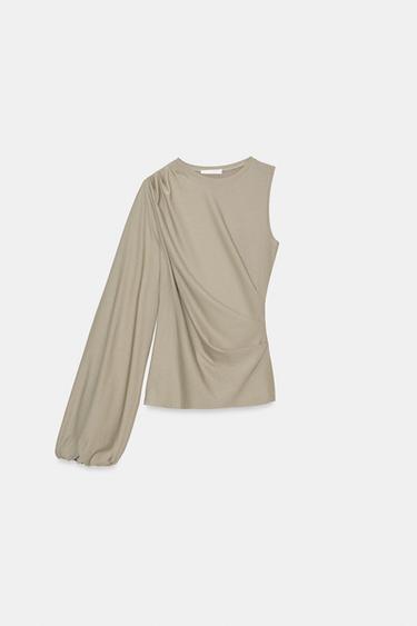 Zara ASYMMETRIC PUFF SLEEVE TOP - Mink - Image 0