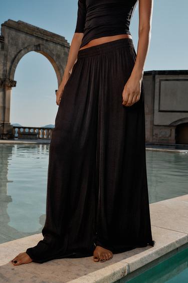 Zara FLOWY WIDE LEG PANTS - Black
