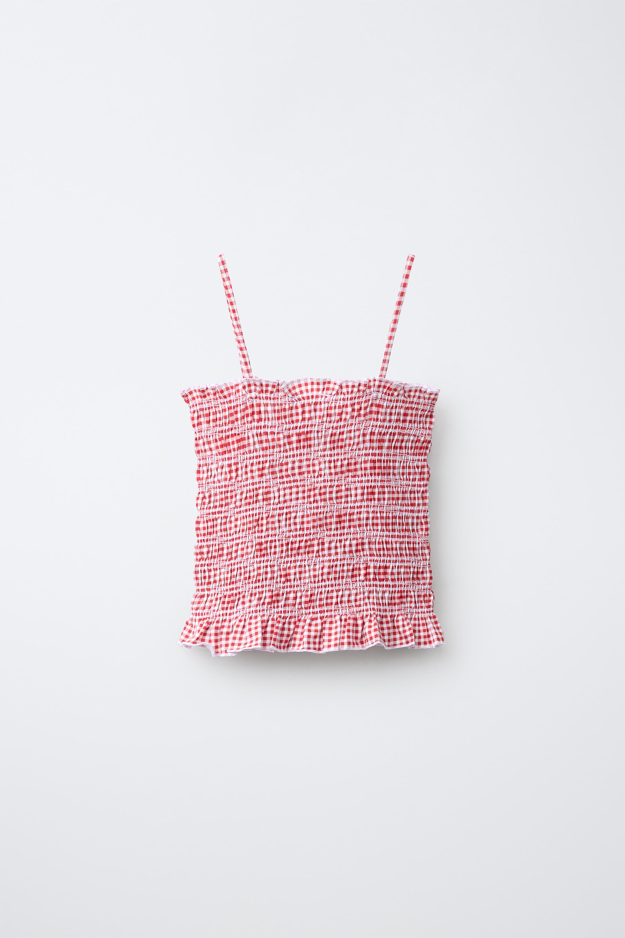 GINGHAM SMOCKED ELASTICIZED TOP — Red