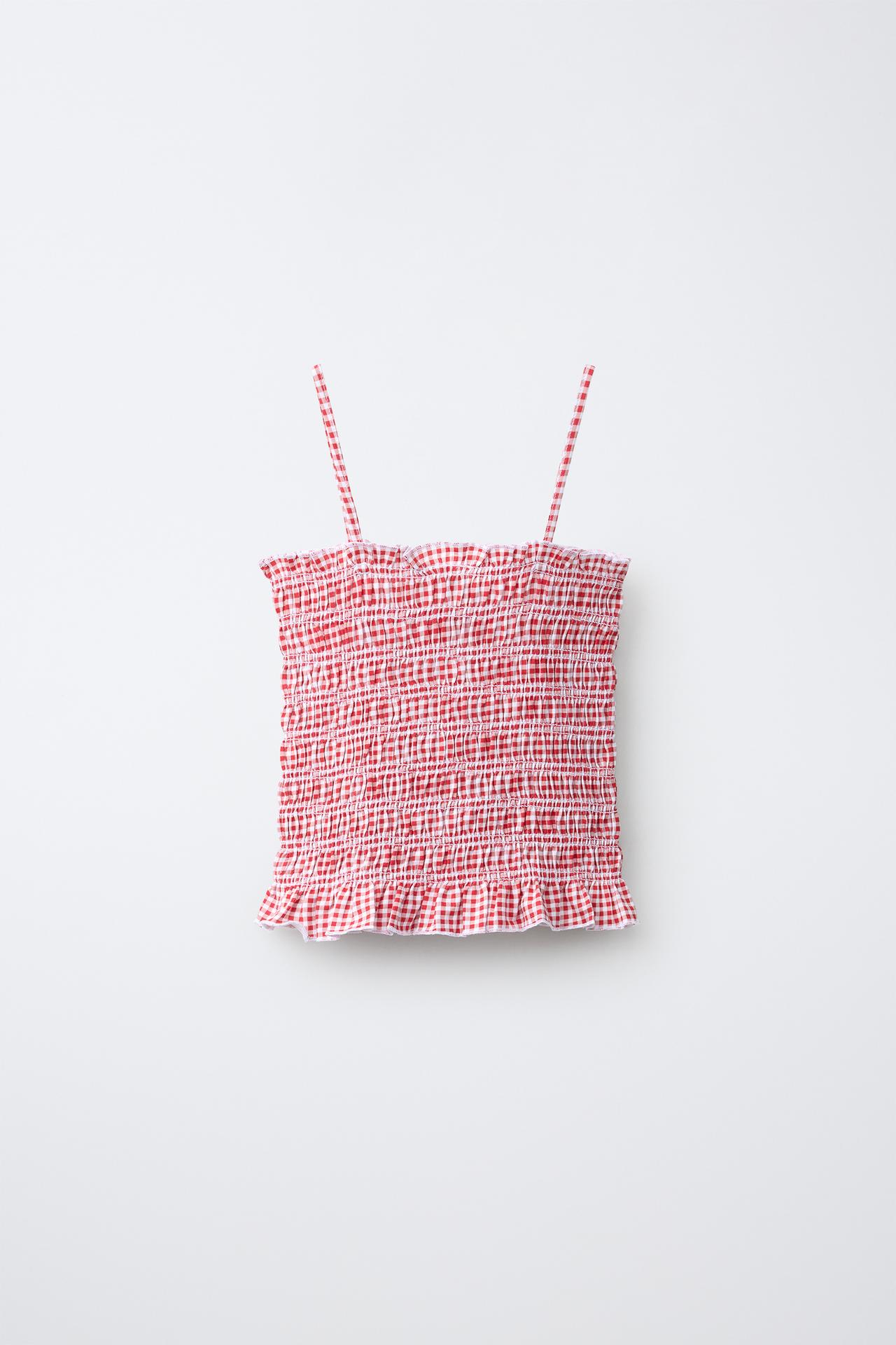 GINGHAM SMOCKED ELASTICIZED TOP — Red