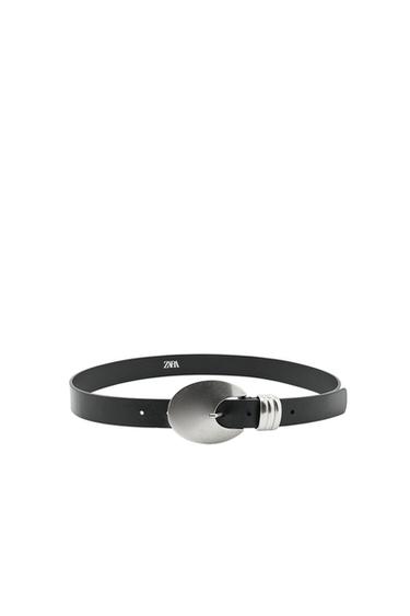 100% LEATHER OVAL BUCKLE BELT - Black by Zara