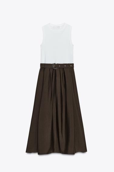 BELTED CONTRAST MIDI DRESS - brown/white by Zara - Image 4