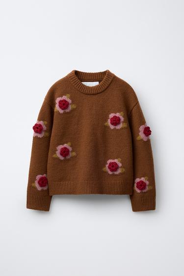KNIT JUMPER WITH FLORAL APPLIQUÉS - Caramel by Zara