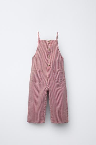 STRIPED TWILL DUNGAREES - White / Red by Zara