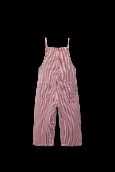 Zara STRIPED TWILL LONG OVERALLS - White / Red - Image 0