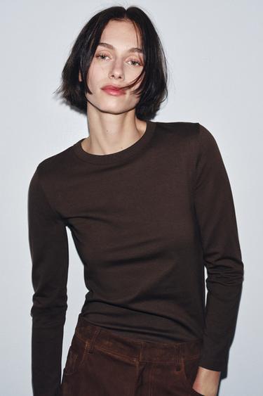INTERLOCK LONG SLEEVE T-SHIRT - Chocolate by Zara - Image 1