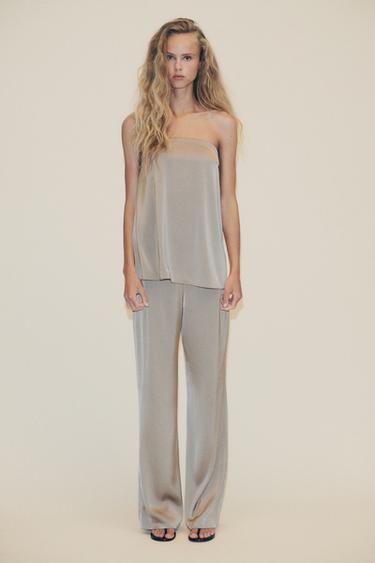 PANTALON SATINÉ TAILLE HAUTE - Beige / Vert de Zara
