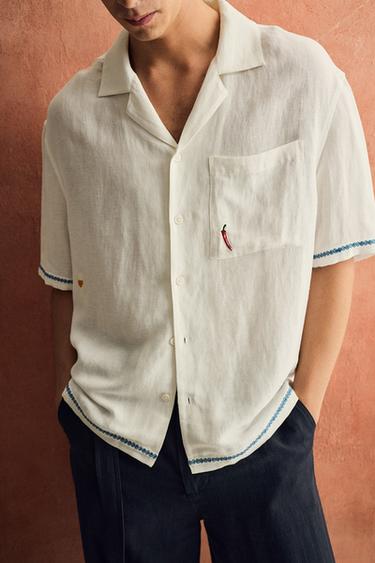 CONTRAST EMBROIDERED VISCOSE/LINEN SHIRT - White by Zara
