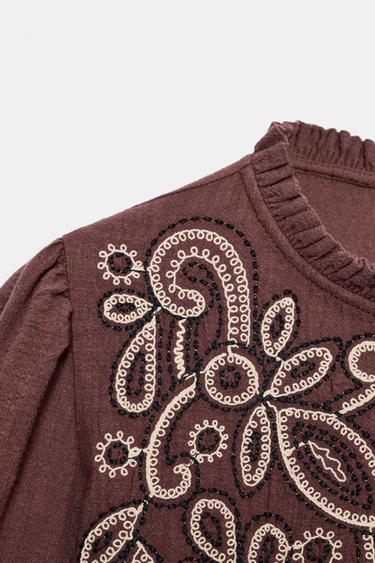 EMBROIDERED BIB BLOUSE - Burgundy by Zara - Image 5