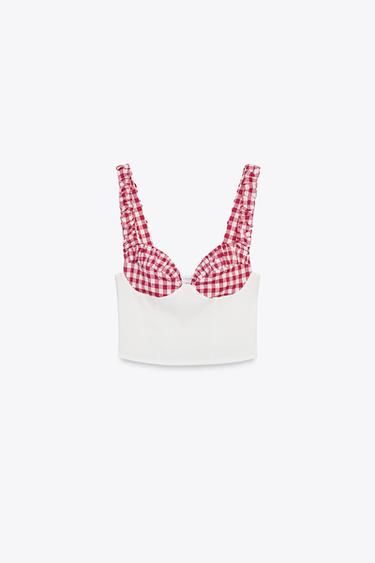 Zara GINGHAM CORSET TOP - Oyster-white