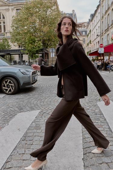 MANTEAU COURT ÉCHARPE AVEC LAINE - Marron de Zara - Image 4
