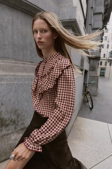 RUFFLED CHECK BLOUSE - Burgundy by Zara