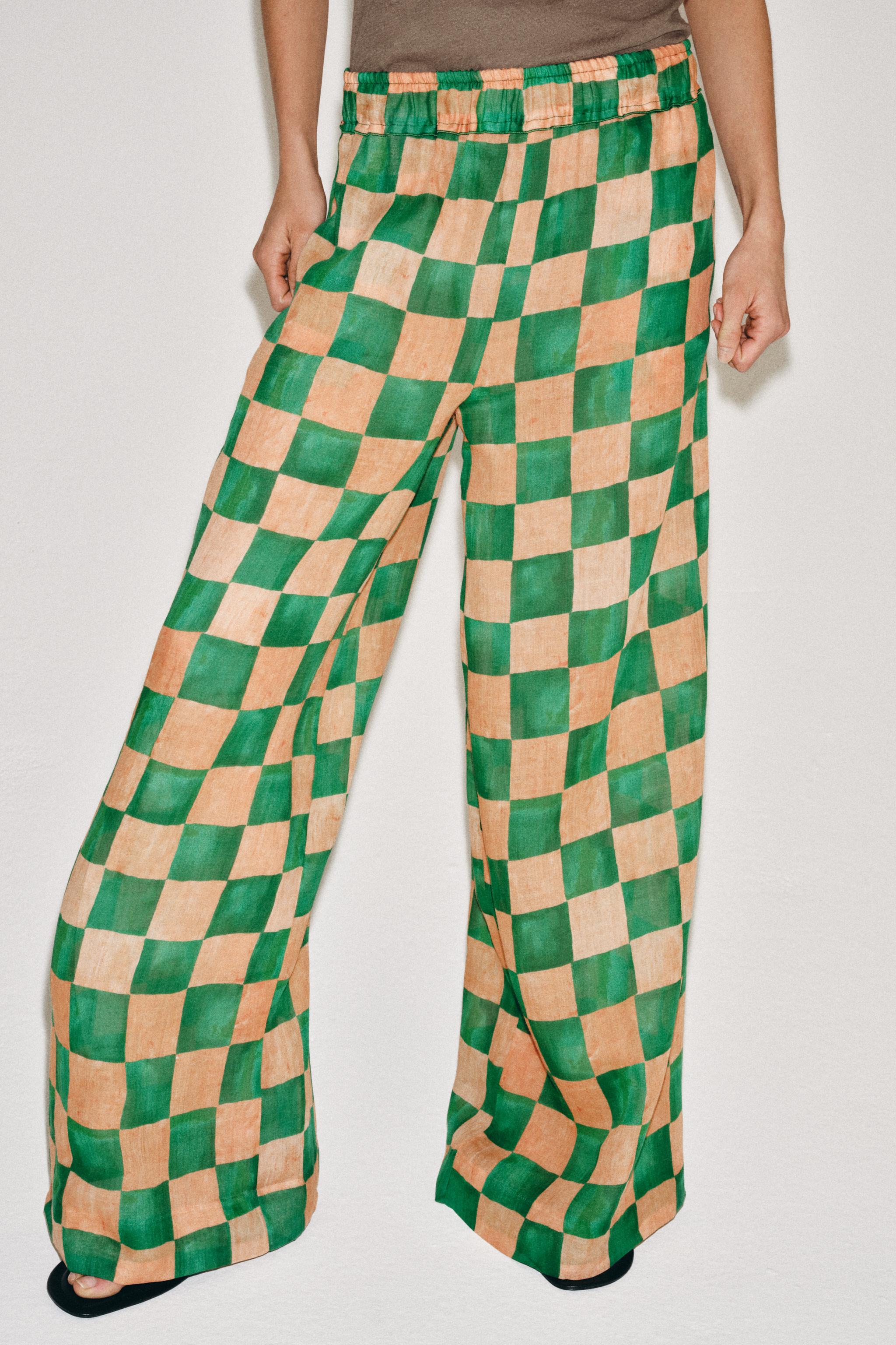 ZW Collection Ramie Check Palazzo Trousers - Multicoloured