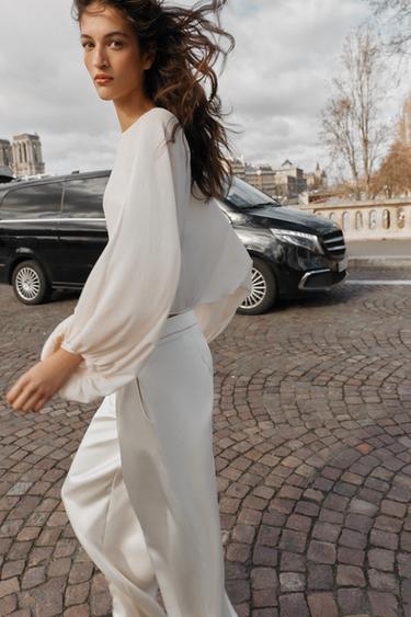 Zara KNIT TOP WITH VOLUME SLEEVES - Mid-ecru