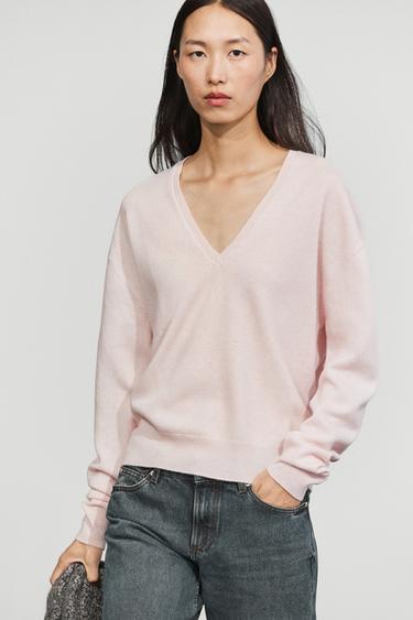 Wool blend knit V-neck sweater — Pale pink 2