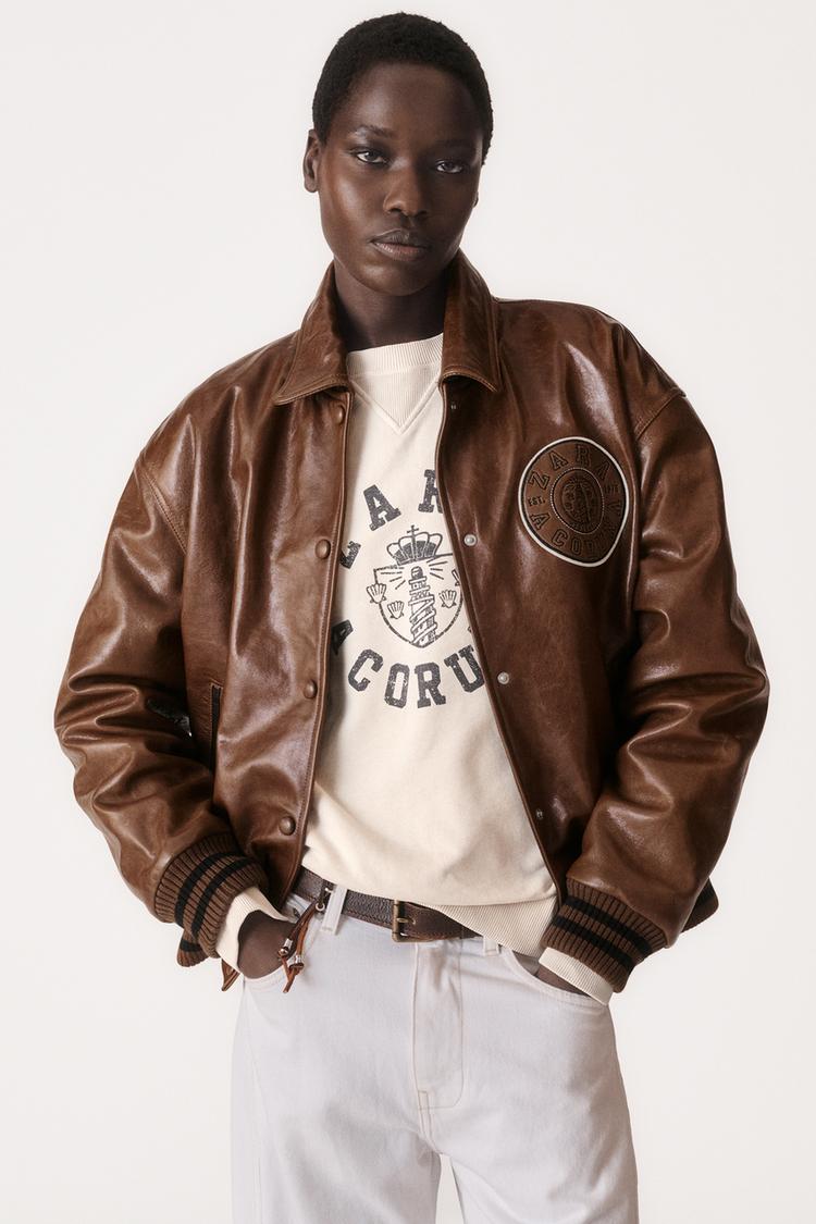 VARSITY 50TH ANNIVERSARY LEATHER BOMBER JACKET Toffee ZARA India