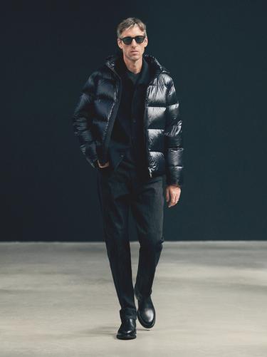 Zara Water-repellent satin puffer jacket - Navy blue