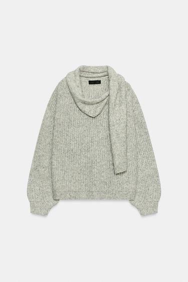 KNIT JUMPER WITH SCARF - Grey marl by Zara - Image 0