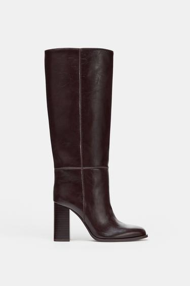Zara BLOCK HEEL HIGH BOOTS - Brown
