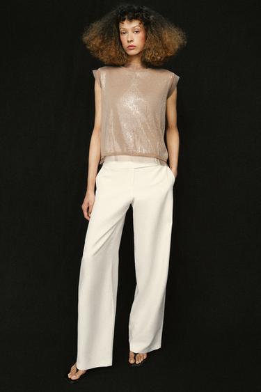 Zara COMBINED SEQUIN KNIT TOP - Mink