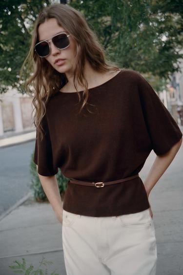 BELTED KNIT TOP - Dark brown by Zara