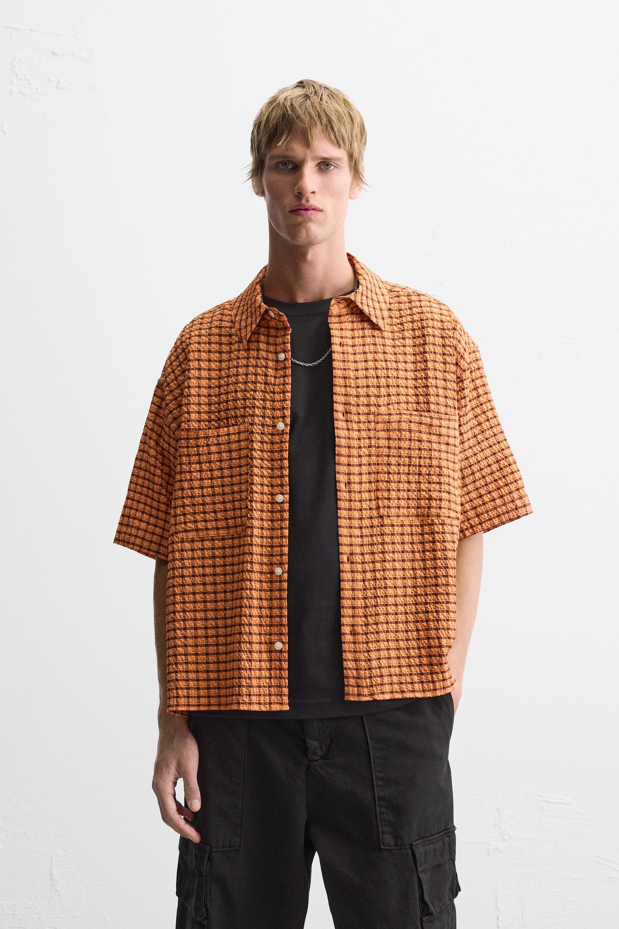 CHEMISE EN SEERSUCKER A CARREAUX Orange ZARA Canada