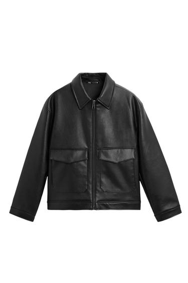 Front view of a black jacket with zip fastening and front flap pockets.