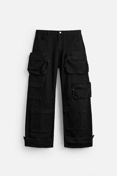 Zara DENIM CARGO PANTS WITH POCKETS - Black - Image 0