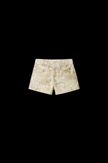 Zara LEAF PRINT DENIM SHORTS - Yellow - Image 0