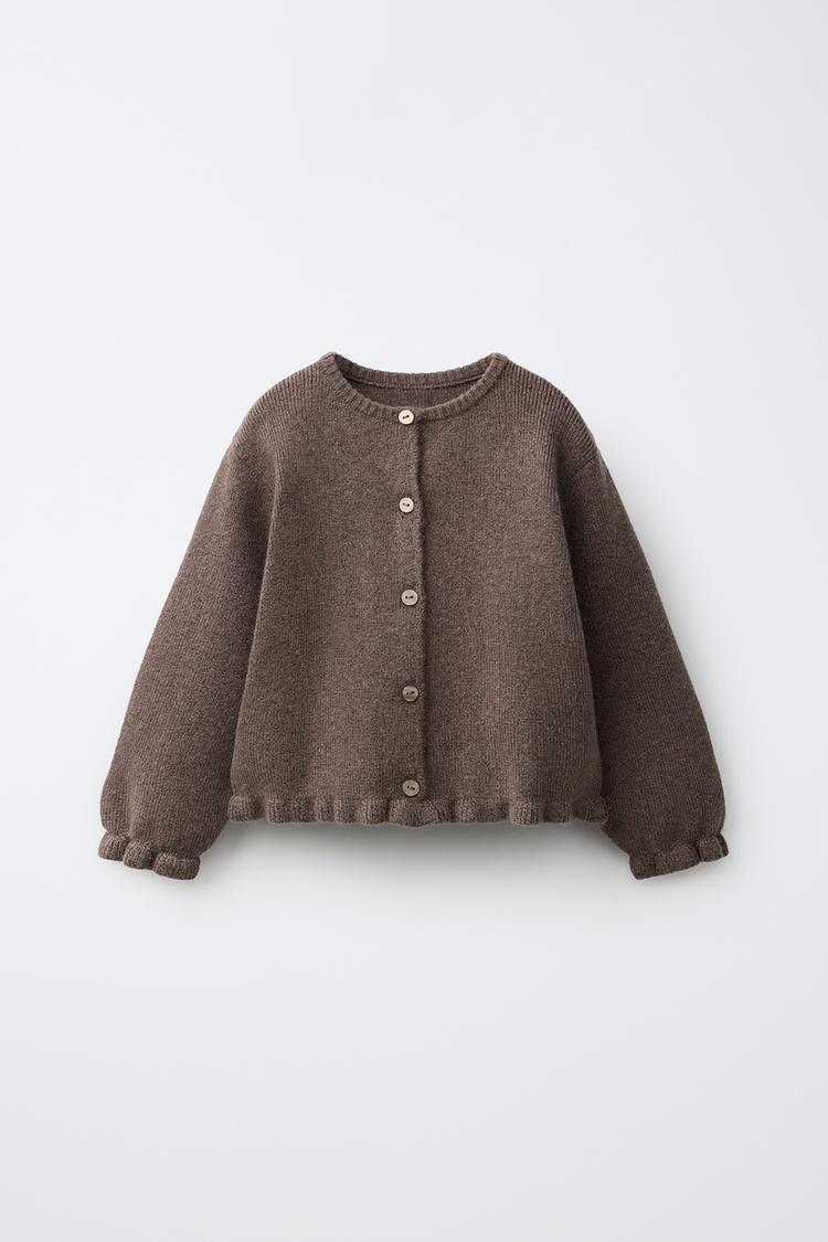 RUFFLED KNIT CARDIGAN — Brown / Taupe