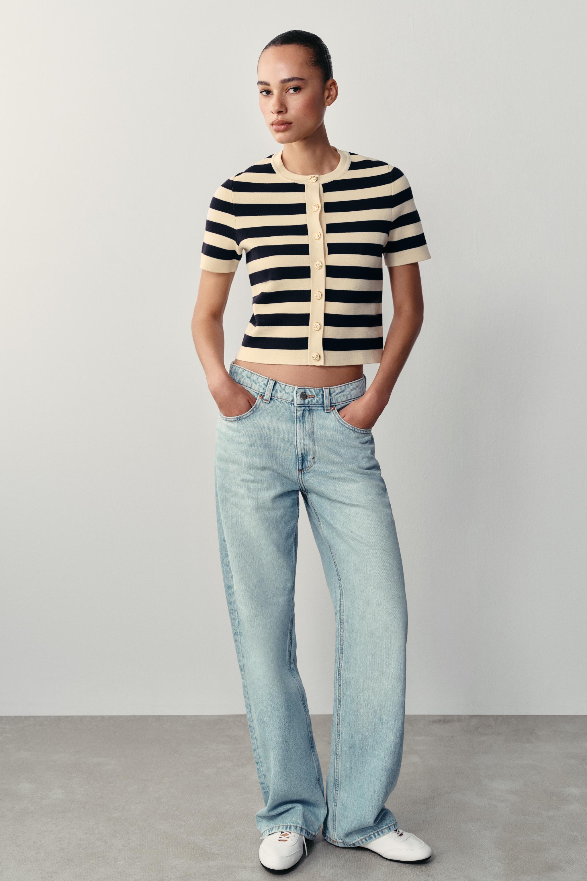 SHORT SLEEVE STRIPED CARDIGAN — Striped