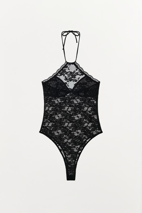 Zara LACE HALTER NECK BODYSUIT - Black - Image 0