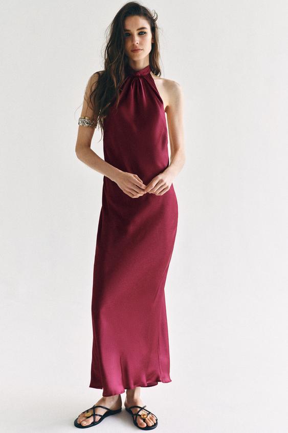 VESTIDO HALTER SATINADO - Granate claro de Zara - Imagen 0