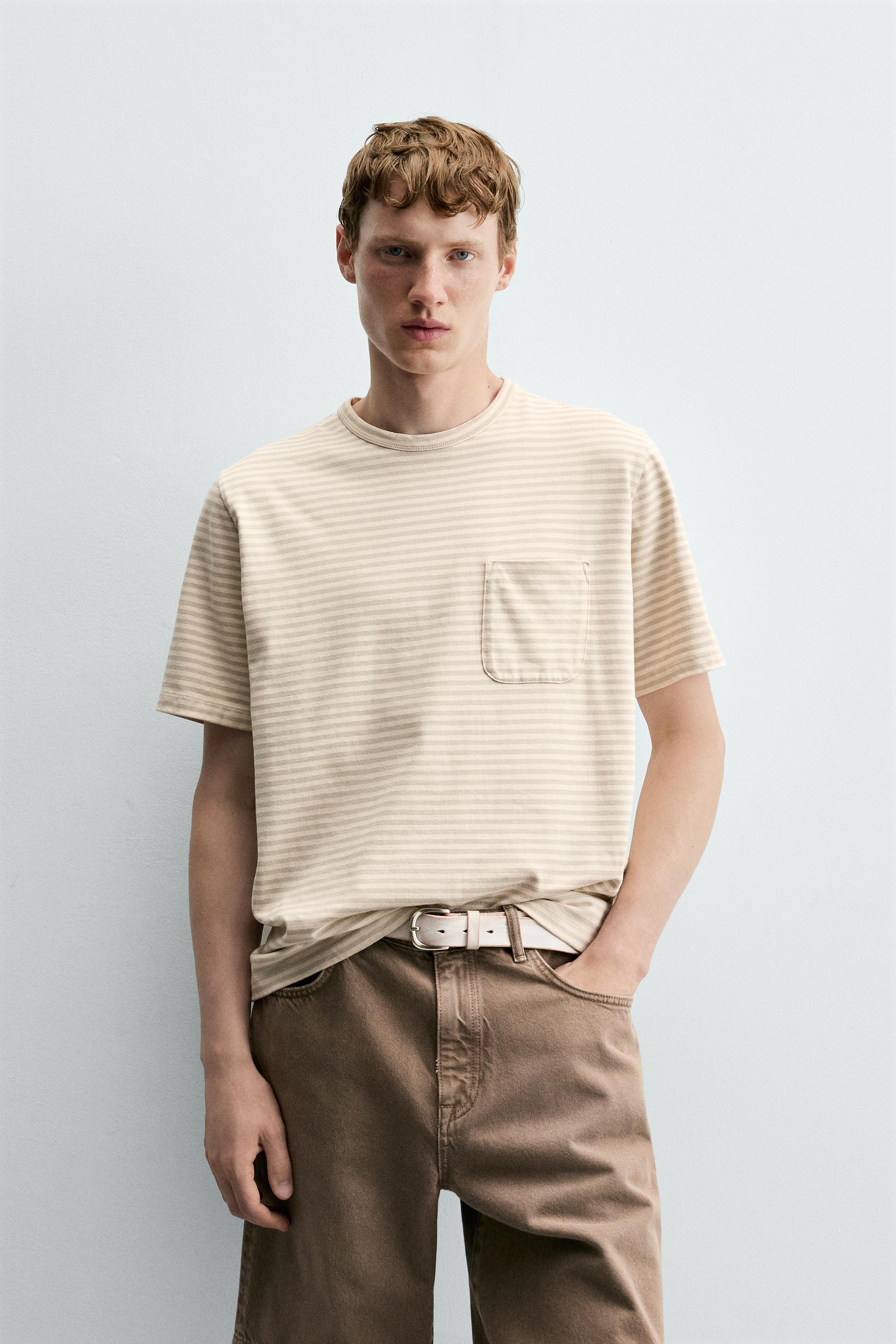 STRIPED JACQUARD POCKET T-SHIRT — Gray / Natural