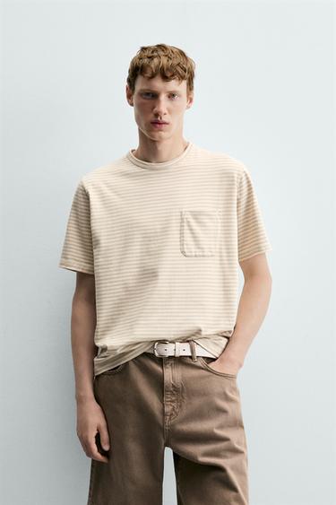 STRIPED JACQUARD POCKET T-SHIRT - Grey / Natural by Zara