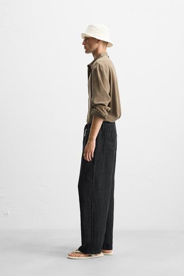 PANTALON 100 % LIN CEINTURE - Noir de Zara - Image 3