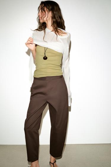 Zara HERRINGBONE BARREL PANTS - Dark brown
