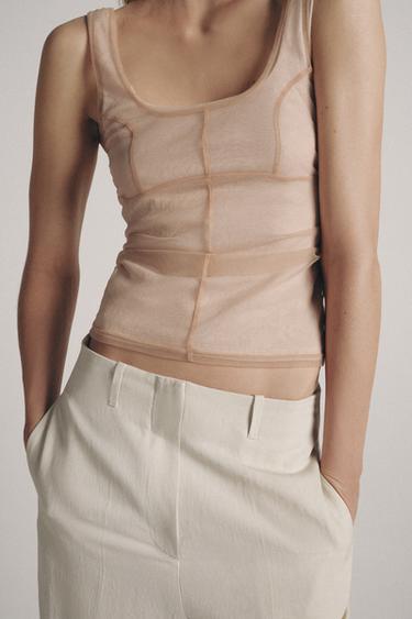 Zara TULLE STITCHING TOP - Beige-pink