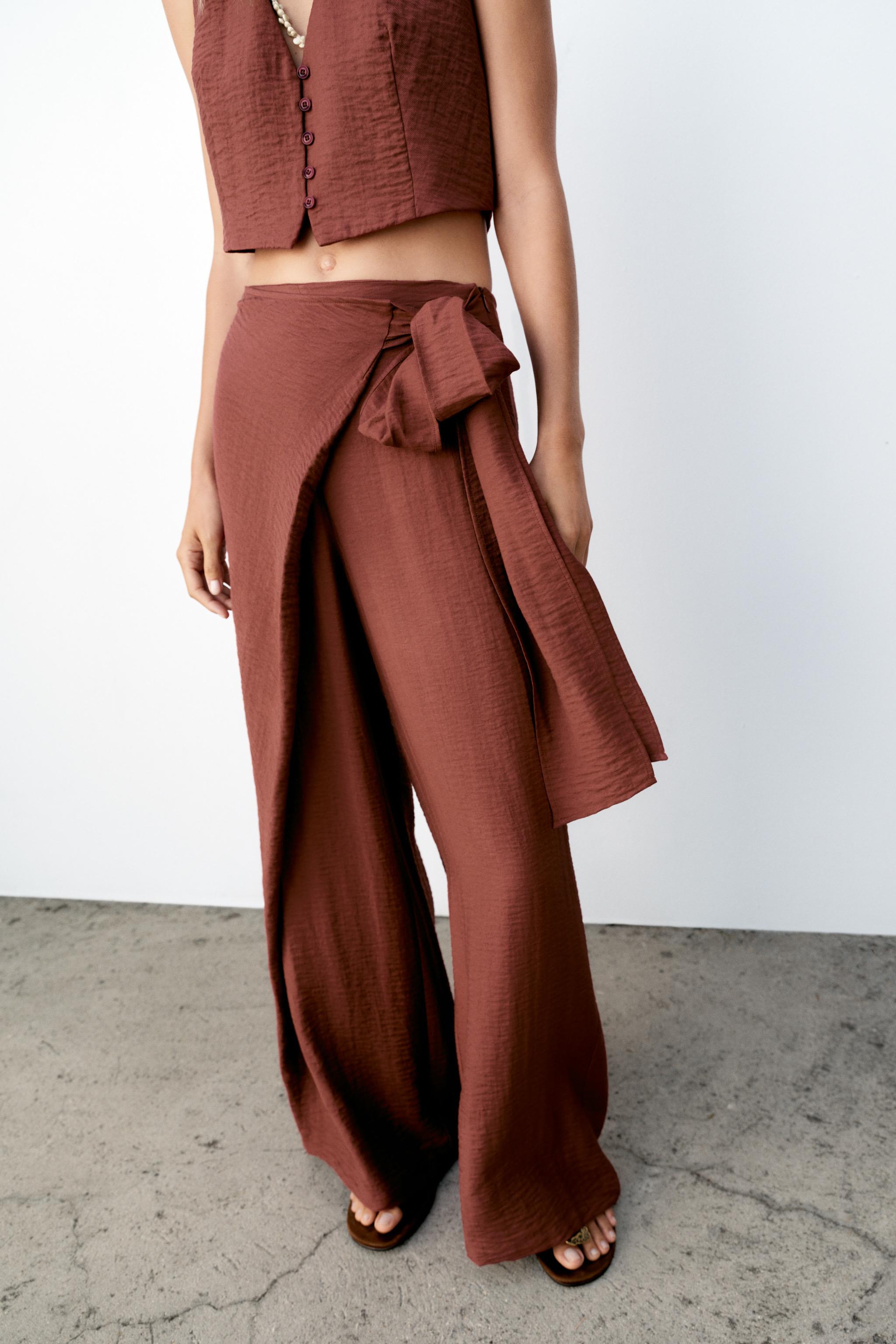 WRAP-STYLE TROUSERS WITH BOW — dark russet