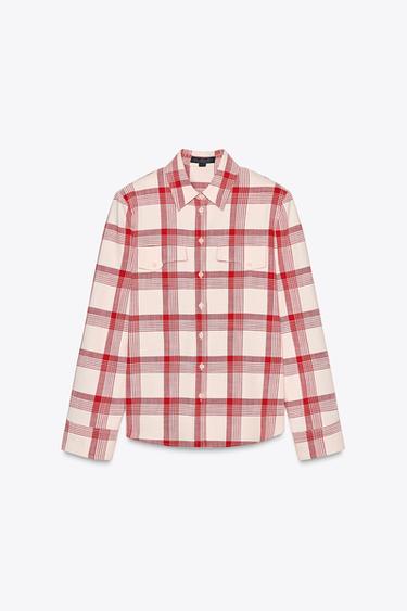 ZW COLLECTION CHECK SHIRT WITH SHOULDER PADS - Ecru / Red by Zara