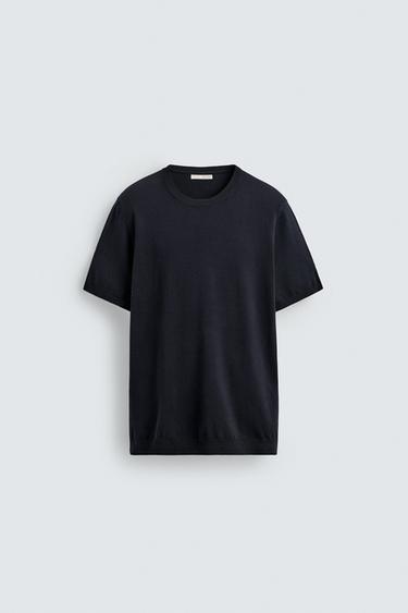 Zara VISCOSE BLEND KNIT T-SHIRT - Dark navy