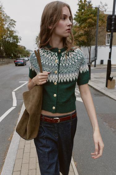 CHAQUETA JACQUARD PUNTO MANGA CORTA - Verde de Zara