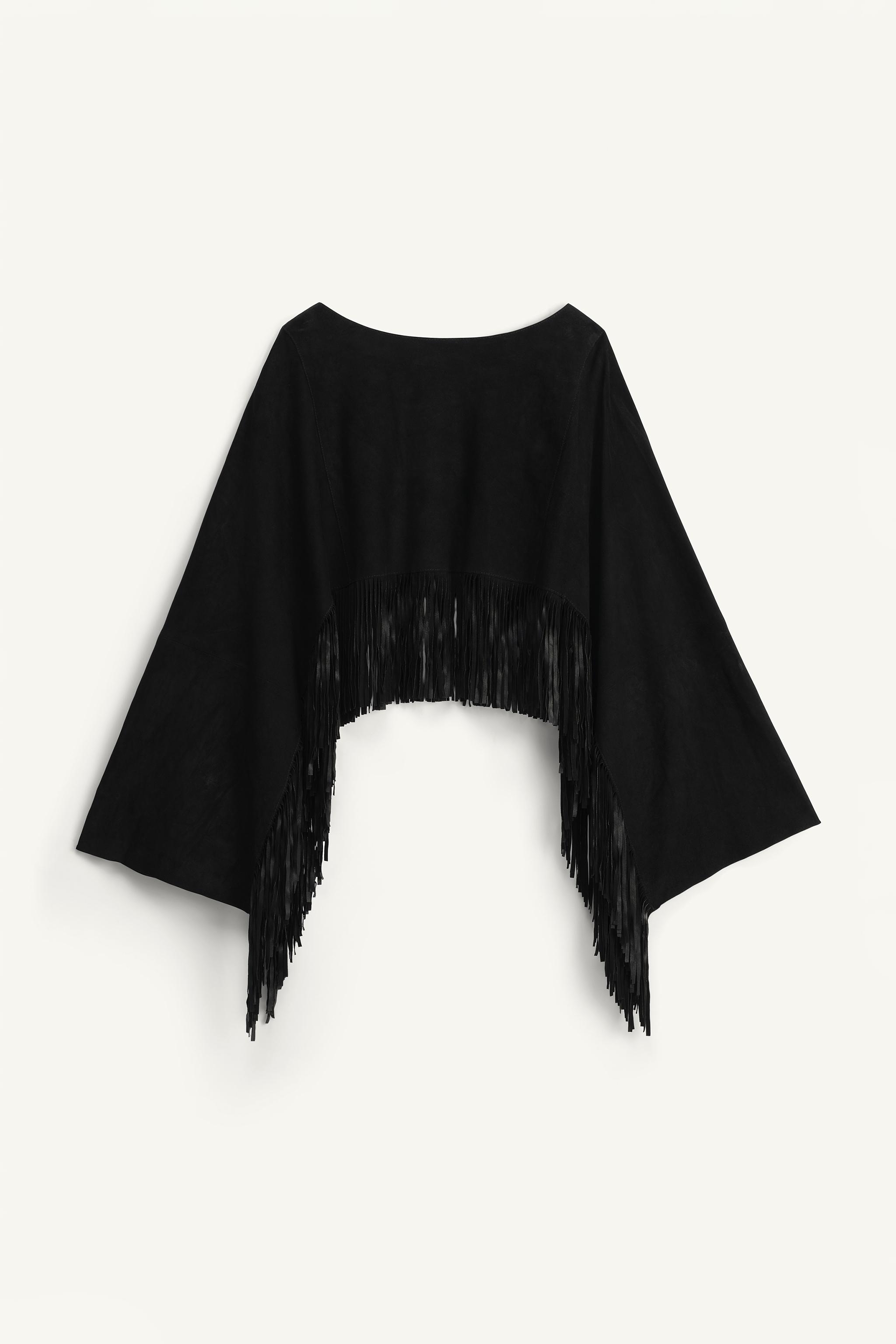 スペイン発送 ZARA フリンジ付きレザーケープ LIMITED EDITION 100%スエードフリンジ LIMITED EDITION レザーパンツ - ブラック