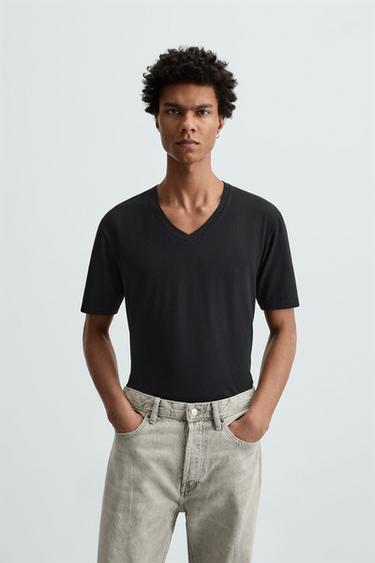 Zara BASIC V-NECK T-SHIRT - Black