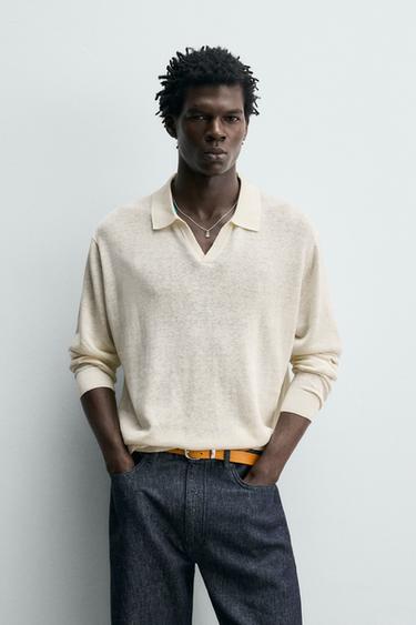 COTTON-SILK KNIT POLO SHIRT - Oyster-white by Zara