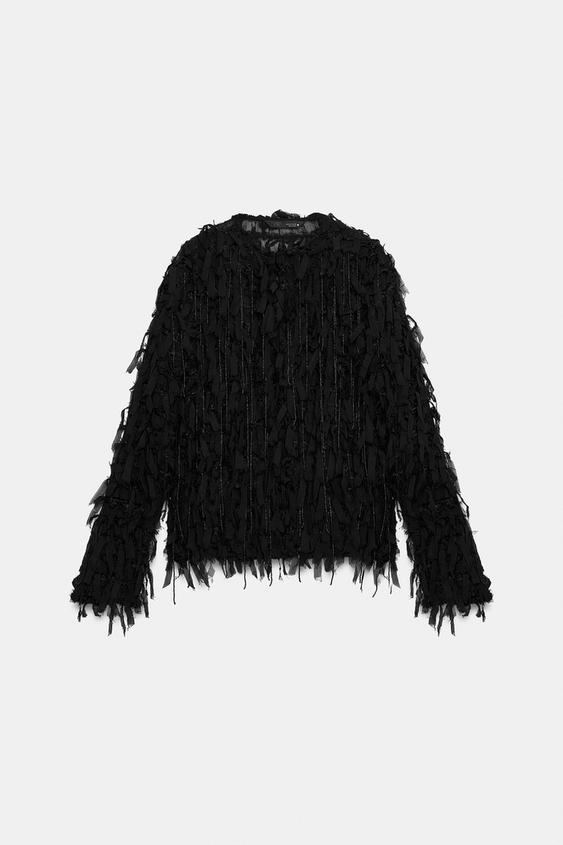 ZW COLLECTION TEXTURED FRINGED JACKET WITH BEADING - Black by Zara - Image 0